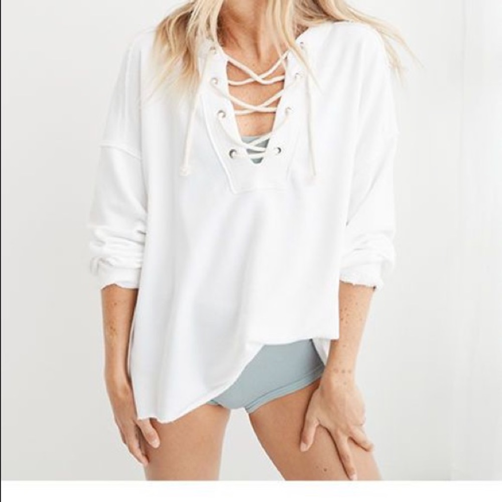 NWT Aerie Sunday Soft Lace Up Sweatshirt